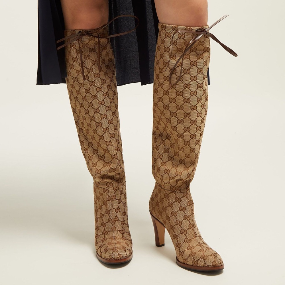 NIB Gucci Lisa 85 GG Monogram Supreme Canvas Knee High Drawstring Boots